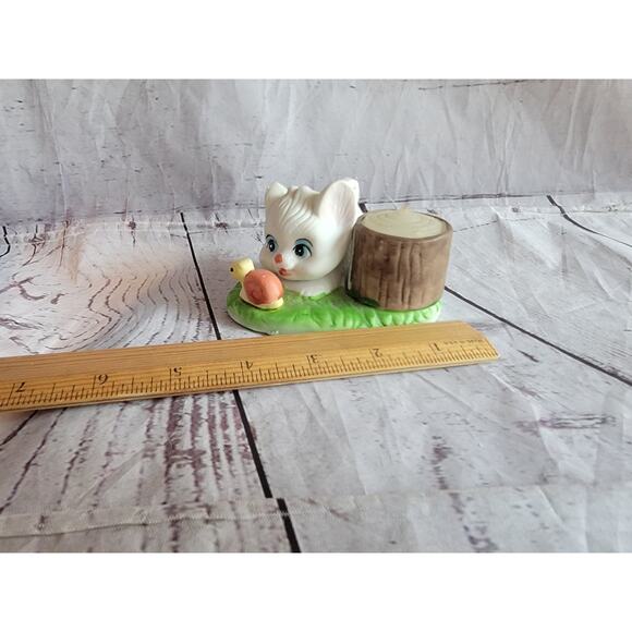 Vintage Cat Kitten Candle w Snail & Tree Stump Votive Candle Holder Figurine - Picture 7 of 7